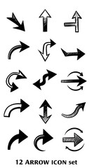 Set of 12 black arrow icons with curved and circular designs