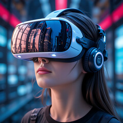 “Person Wearing VR Headset and Headphones with City Reflection Representing Immersive Urban Technology”