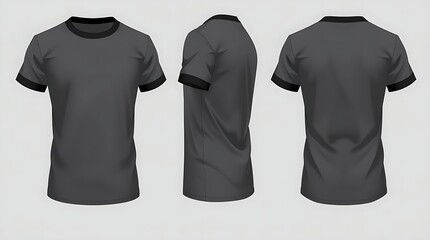 Short sleeve white t-shirt with black accents mockup shown in front, side, and back views, high-quality 3D rendering for fashion branding, t-shirt design, or clothing presentation