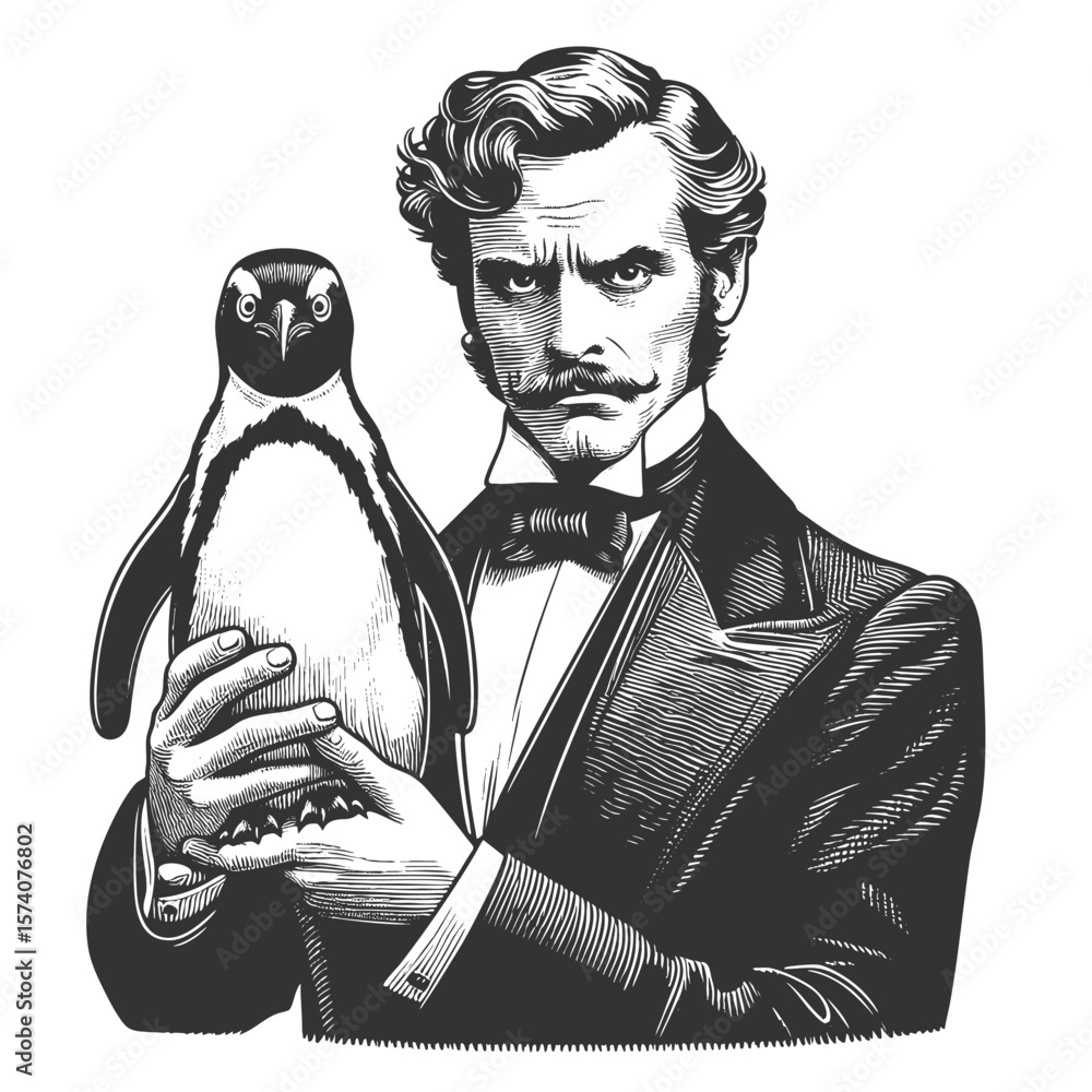 Poster victorian gentleman in a top hat holding a surprised penguin sketch engraving generative ai fictiona