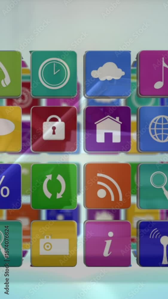 Poster animation of cube with icons over person using tablet