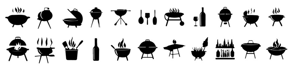BBQ Grill and Outdoor Cooking Silhouettes Vector Set - Barbecue Party & Picnic Icons