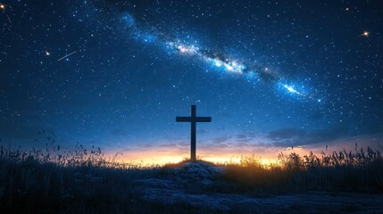 Silhouette cross stands on hill beneath the Milky Way galaxy at night. Use this spiritual image for faith, religion, and Easter themes.