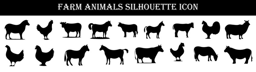 Farm Animals Silhouette Icons Vector Set - Agricultural Livestock & Rural Life Elements