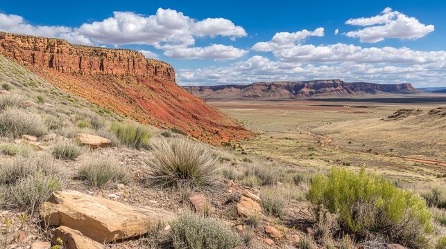 A panoramic view of a vast, arid landscape, featuring red rock formations, scrubby vegetation, and a flat, desert plain under a bright blue sky with fluffy clouds