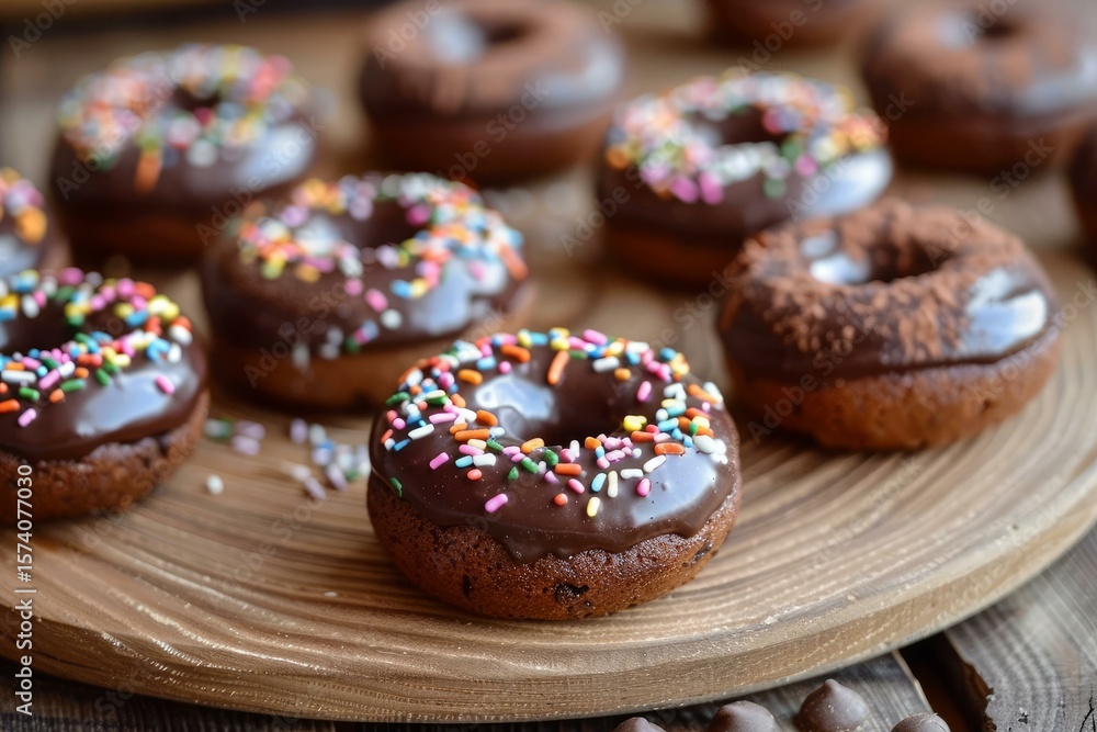 Poster chocolate donuts with colorful sprinkles on top are placed on a round wooden tray, creating a tempti