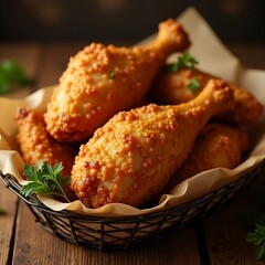 A basket of crispy fried chicken drumsticks, golden and crunchy with a textured coating. Served on parchment paper, garnished with parsley, this dish looks delicious and ready to be enjoyed.
