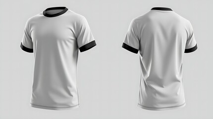 Short sleeve white t-shirt with black accents mockup shown in front, side, and back views, high-quality 3D rendering for fashion branding, t-shirt design, or clothing presentation