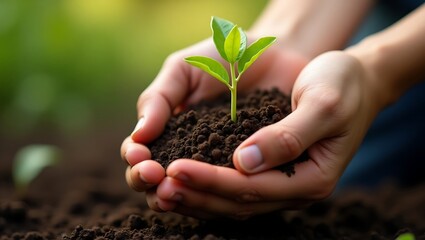 Hands holding soil with a small green plant seedling growing out of it in a natural setting view
