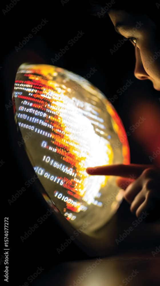 Poster person pointing at a screen displaying binary code with orange and white highlights