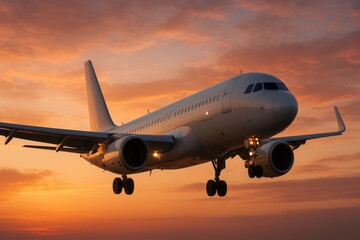 Airplane landing during a vibrant sunset, golden light illuminating the sky creating stunning atmosphere of flight and adventure to faraway destinations.