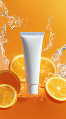 Orange Skincare Tube with Water Splash, and Cosmetics.