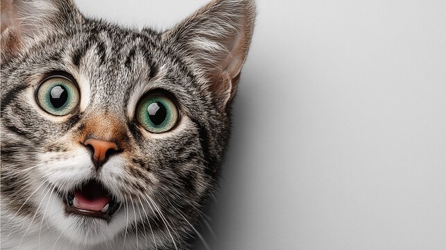 Surprised cat face close-up with green eyes, adorable surprised cat face on white background, funny expression of surprised cat face for meme and design