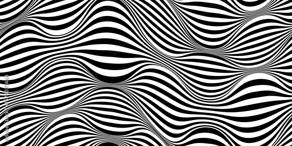 Poster wavy psychedelic zebra seamless bg with black and white stripes. creates groovy an optical illusion 