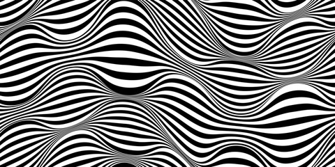 Wavy psychedelic zebra seamless bg with black and white stripes. Creates groovy an optical illusion effect. Psychedelic vector design.