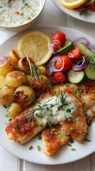 Realistic and appetizing image of Mediterranean-style tilapia with roasted sides and herb salad, light and refreshing for summer food content.