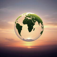 Model of planet Earth, 3D, transparent globe with green continents against colorful sunset sky