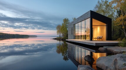 Fototapeta premium A modern minimalist cottage with large glass windows, overlooking a serene lake.
