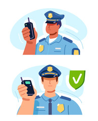 Police officer talking to radio or portable communication device. Law enforcement, representative of state security