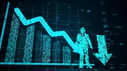 Digital Blue Illustration of Declining Business with Downward Arrow and Person Silhouette on Graph - Powered by Adobe