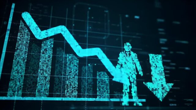Digital Blue Illustration of Declining Business with Downward Arrow and Person Silhouette on Graph