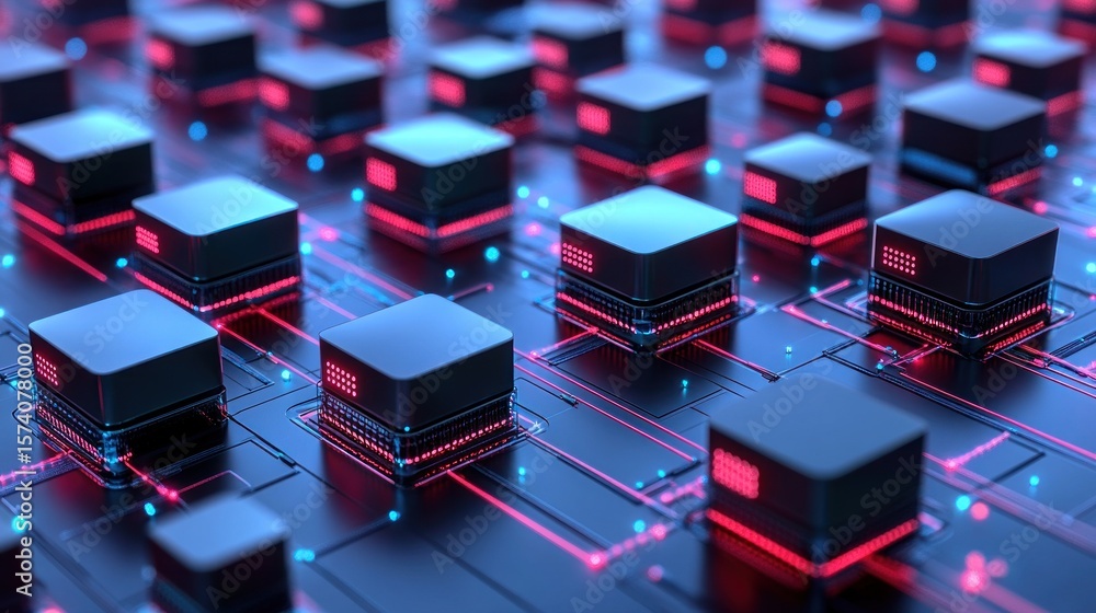 Poster abstract futuristic background with glowing cubes and neon lights design