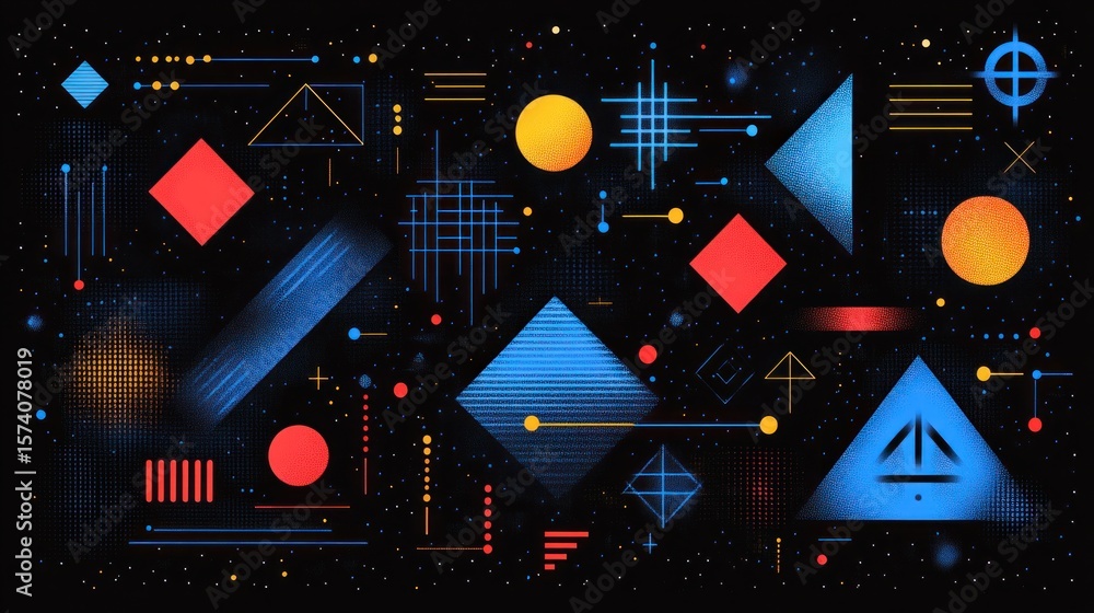 Poster abstract geometric composition with vibrant colors and space elements