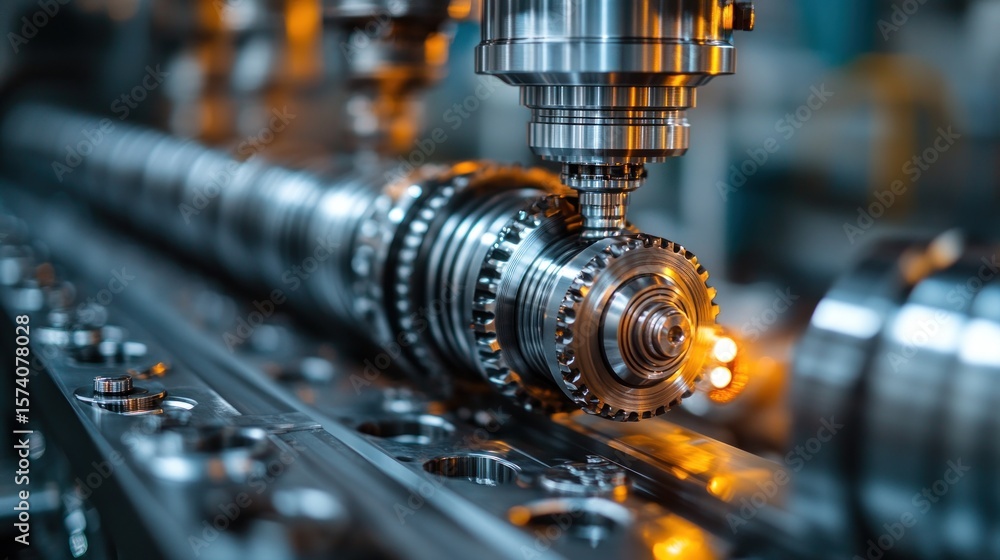 Poster precision engineering, close-up of cnc milling machine in action during metalwork