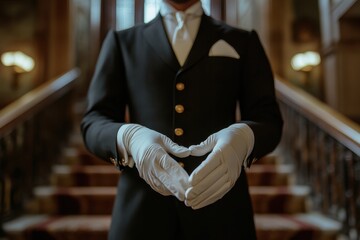 Elegant Butler in White Gloves Standing Proudly by Grand Entrance of Luxurious Setting