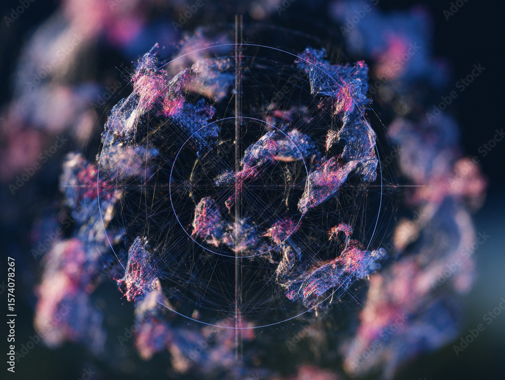Poster abstract rendering of a spherical object with pink and blue textured formations