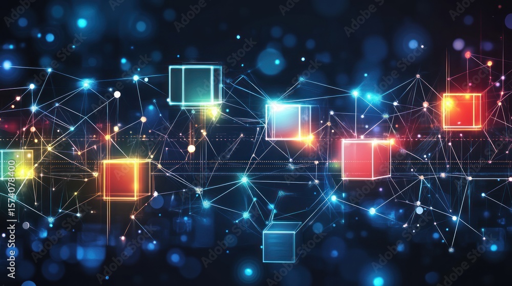 Aufkleber abstract digital network with glowing cubes and connected lines