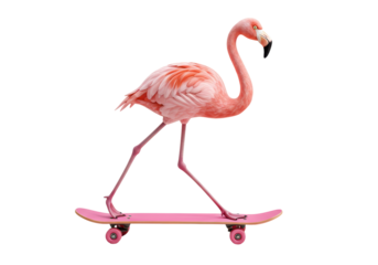 Isolated Flamingo Riding a Pink Skateboard with Style
