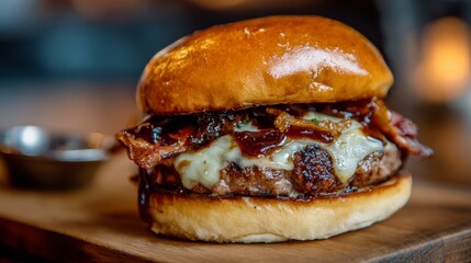 A mouthwatering steak burger with melted cheese, caramelized onions, and crispy bacon