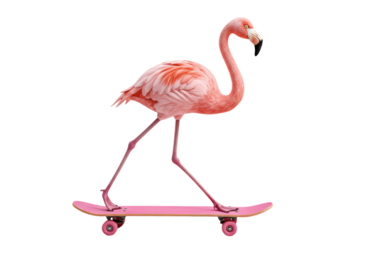 Isolated Flamingo Riding a Pink Skateboard with Style - Powered by Adobe