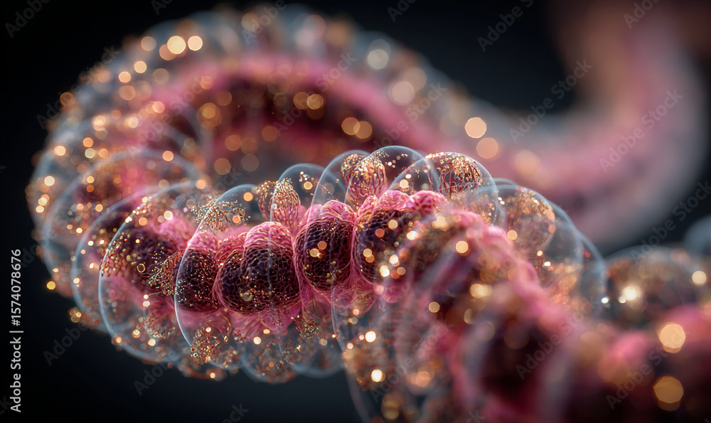 Poster close up view of a pink and gold abstract structure with glowing light particles