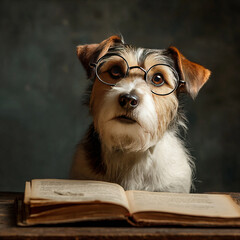 Cute dog in glasses at table with opened book, studying, studio portrait