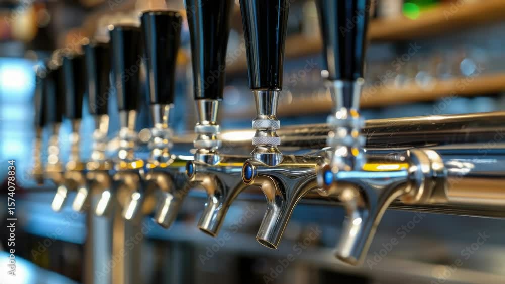 Poster row of beer taps in a cozy bar setting, perfect for use as background or design element