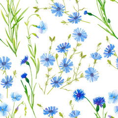 Blue petals of summer. Floral seamless pattern of blue flowers painted in watercolor on a white background.