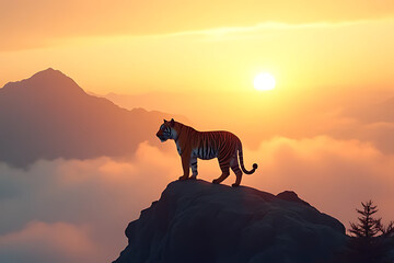 Majestic tiger standing on a misty mountain peak under golden sunrise, surrounded by soft clouds 