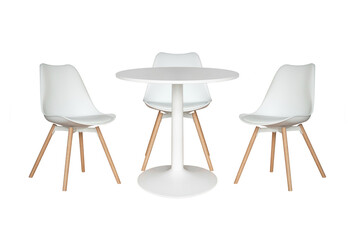 white round table and three chairs isolated on a white background