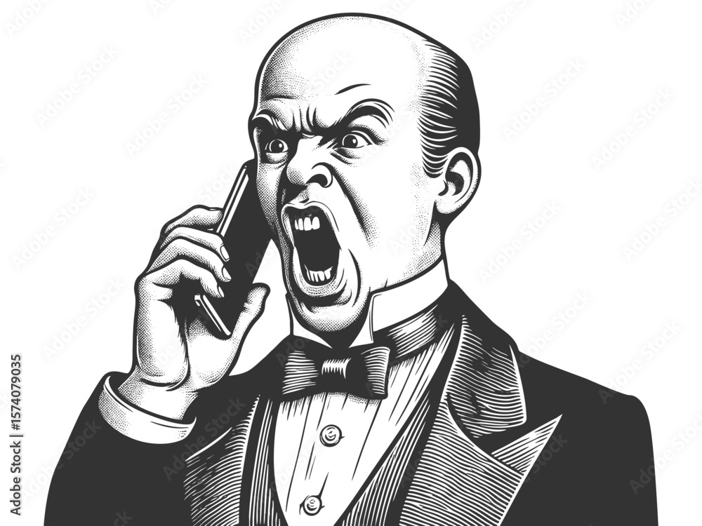 Poster bald man in a suit shouting angrily into a smartphone with an exaggerated expression of rage sketch 