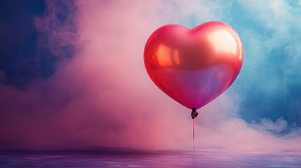 Romantic heart-shaped balloon floating in a dreamy, smoky ambiance, symbolizing love and celebrations