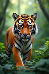Vibrant jungle scene with tiger gazing directly at viewer, professional framing and well-balanced background 
