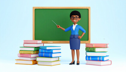 Cartoon teacher stands in front of a chalkboard, holding a pointer, with stacks of books on either side.