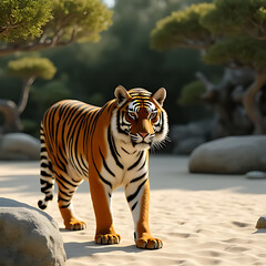 Noble tiger in a zen-inspired setting with raked sand and bonsai trees, subtle lighting and elegant empty areas 