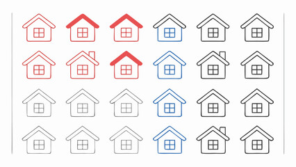 Fototapeta premium Collection of hand drawn house icons in red blue and black outlines on white background