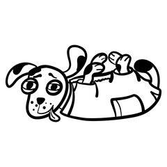 Funny puppy lying on his back in a jumpsuit, playing, sticking out his tongue with pleasure, black outline