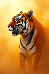 Artistic interpretation of a tiger emerging from swirling gold and orange mist, abstract yet clear