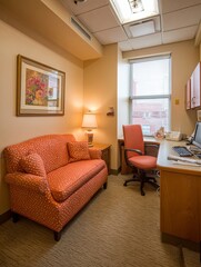 Cozy consultation room in a doctor&rsquo;s office featuring soft warm lighting, comfortable seating, calm atmosphere