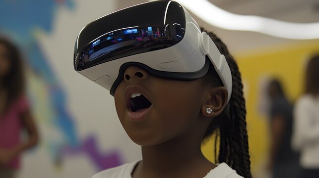 Child wearing VR headset, amazed expression - Powered by Adobe